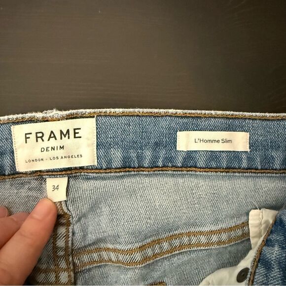 Frame L’Homme Slim Jeans Mens Sz 34 Blue Bay Distressed Straight Denim Stretch - Picture 8 of 13